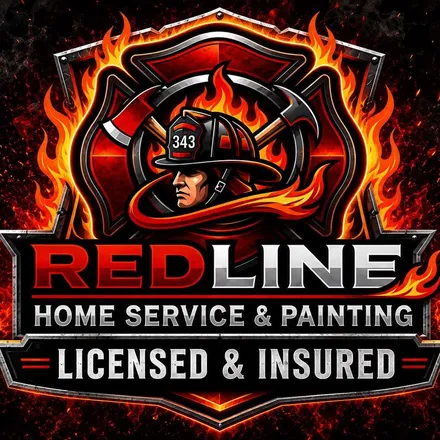 REDLINE Home Service & Painting emblem: firefighter helmet over a red shield with flames
